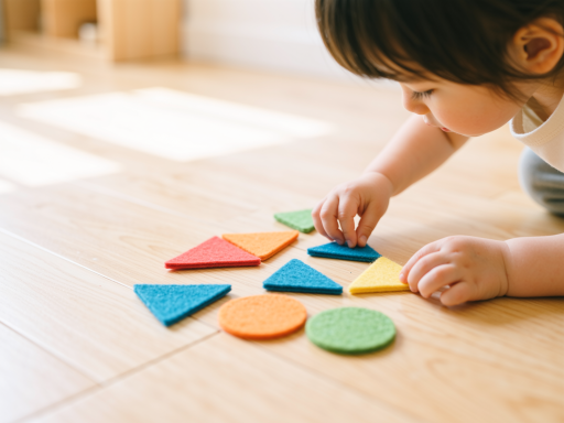 小学生正在操作几何图形拼接器，屏幕上显示各种颜色的三角形、正方形、圆形等几何图形，孩子正在拖拽图形进行拼接